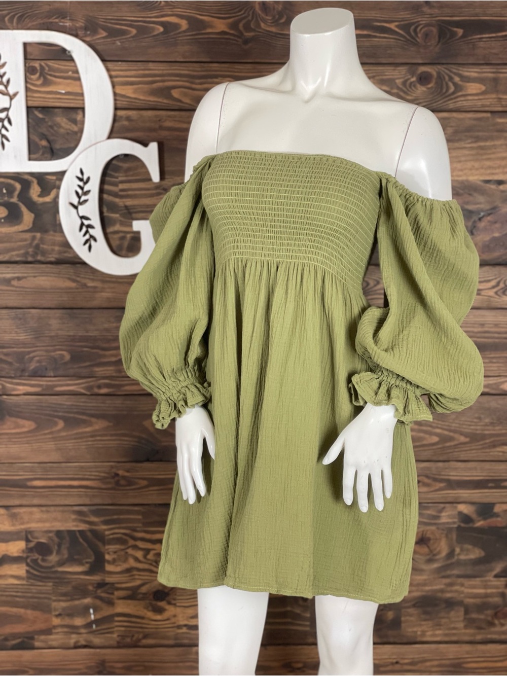 Kourt | Gauze Off-Shoulder Smocked Babydoll Dress Olive Green